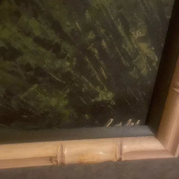 Mountain Landscape Painting with Bamboo Frame Size Approximately 17X26” - Picture 2 of 12